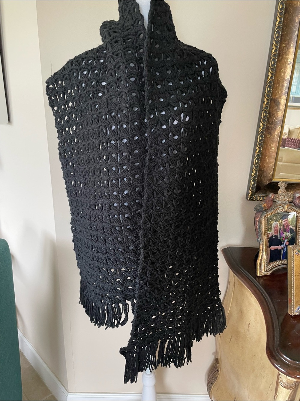 Hand Crafted Black Crochet Wrap with Fringe